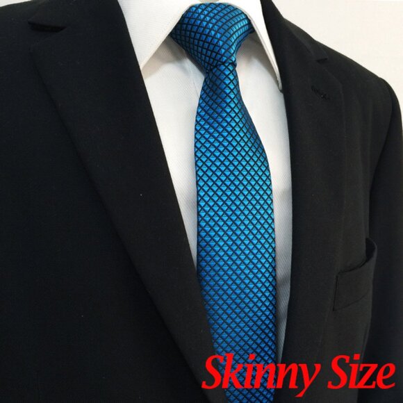 New Blue Black SKINNY Tie Diamonds Stripe Check Plaid Design 100% SILK TIE - Picture 3 of 5